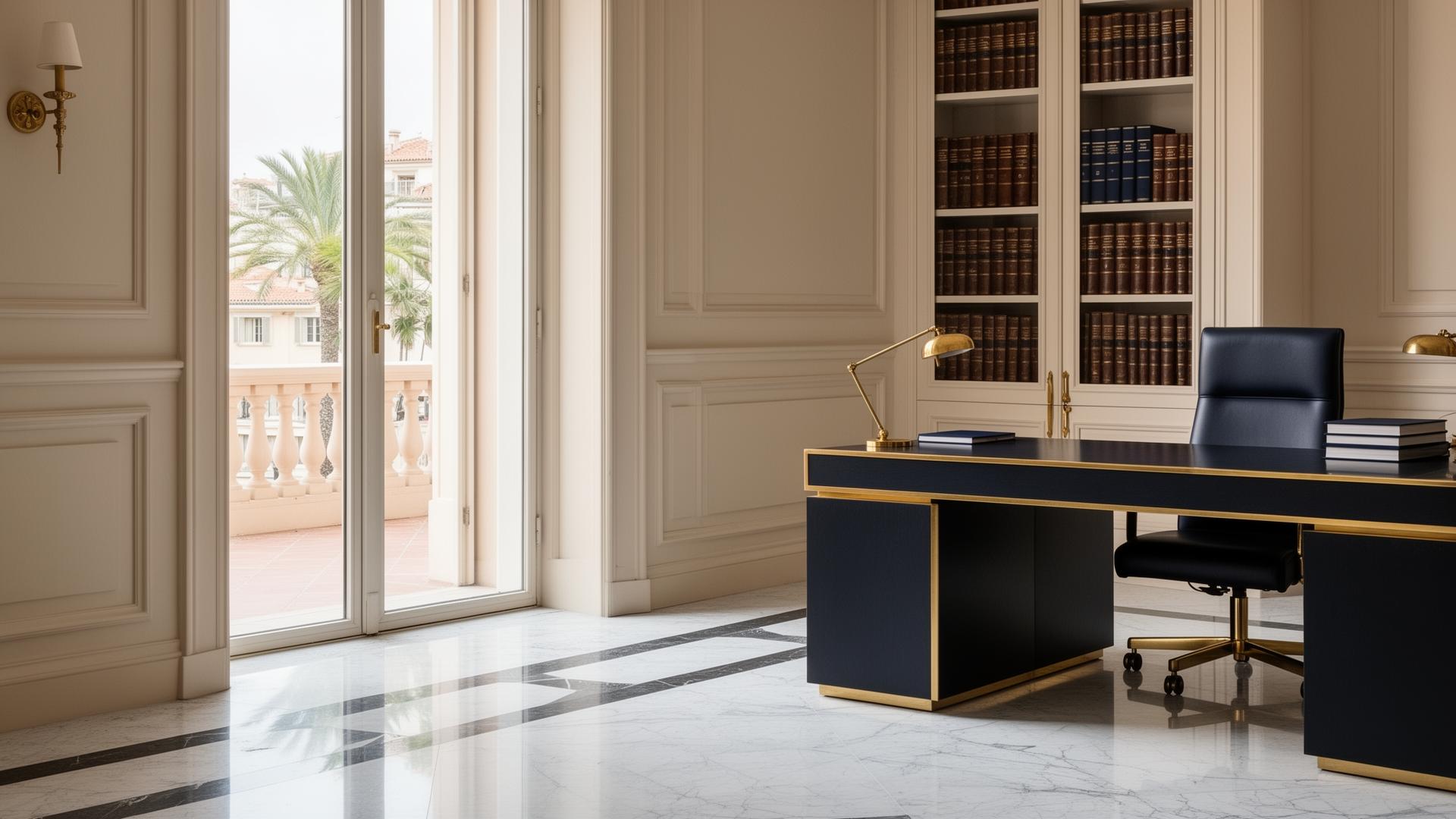 Bureau sobre d'un cabinet d'avocats d'affaires à Monaco, marbre, laiton et reliures de droit, lumière méditerranéenne