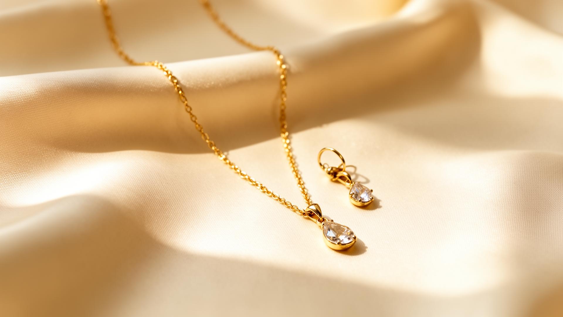 Collier et boucle d'oreille en or fin posés sur soie ivoire, lumière douce d'atelier de joaillerie cannois