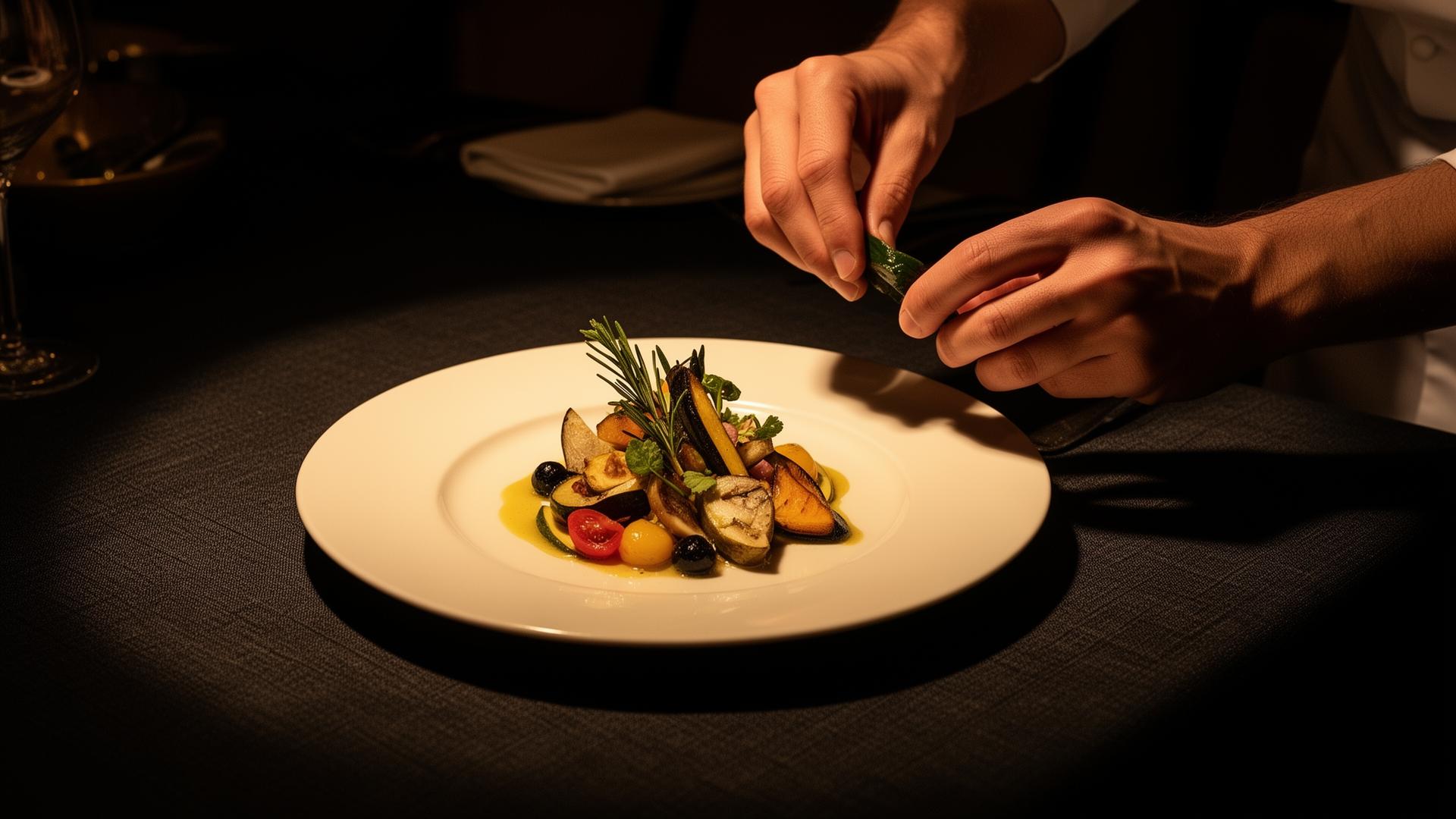 Mains d'un chef niçois ajoutant la touche finale à une assiette gastronomique méditerranéenne, lumière chaude de service