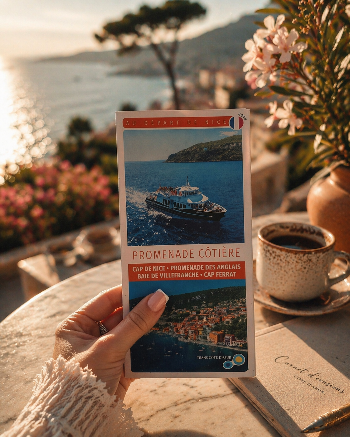 Brochure éditoriale Promenade Côtière tenue en main devant la baie, ambiance Riviera