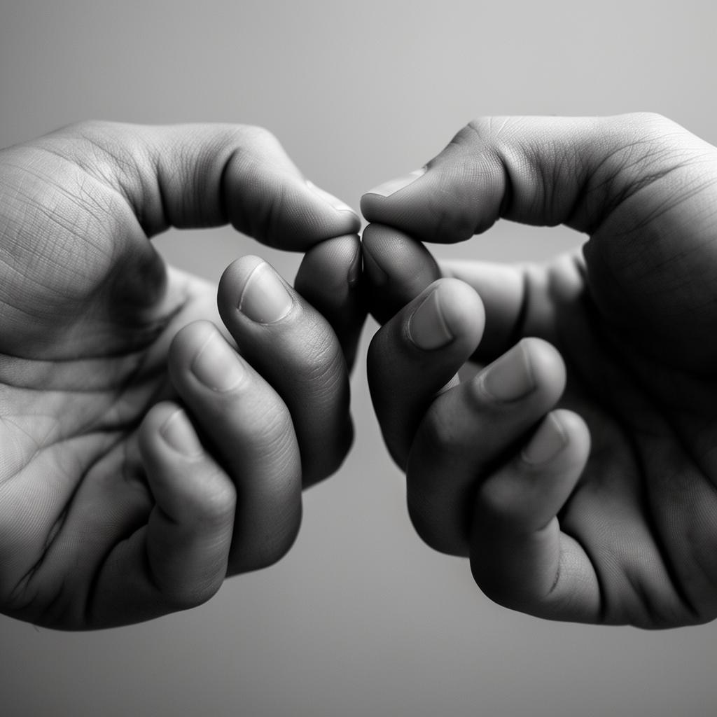 Deux mains presque jointes, lien humain en noir et blanc