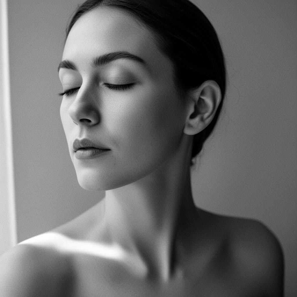 Portrait noir et blanc d'une femme, yeux clos, contemplation